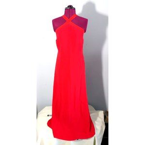 Giorgio Armani Womens Red Crossover Halter Silk Gown Dress Size 46 Slit ❤️